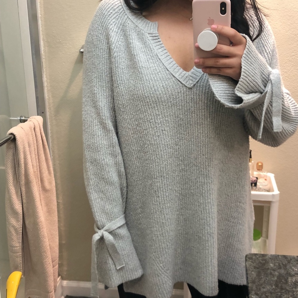 Grey V Neck Tie Sweater